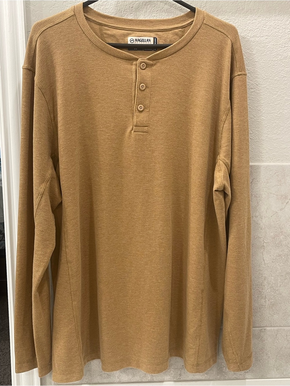 Magellan Outdoors Waffle Knit Henley Shirt 2XL Khaki Brown Moisture Wicking